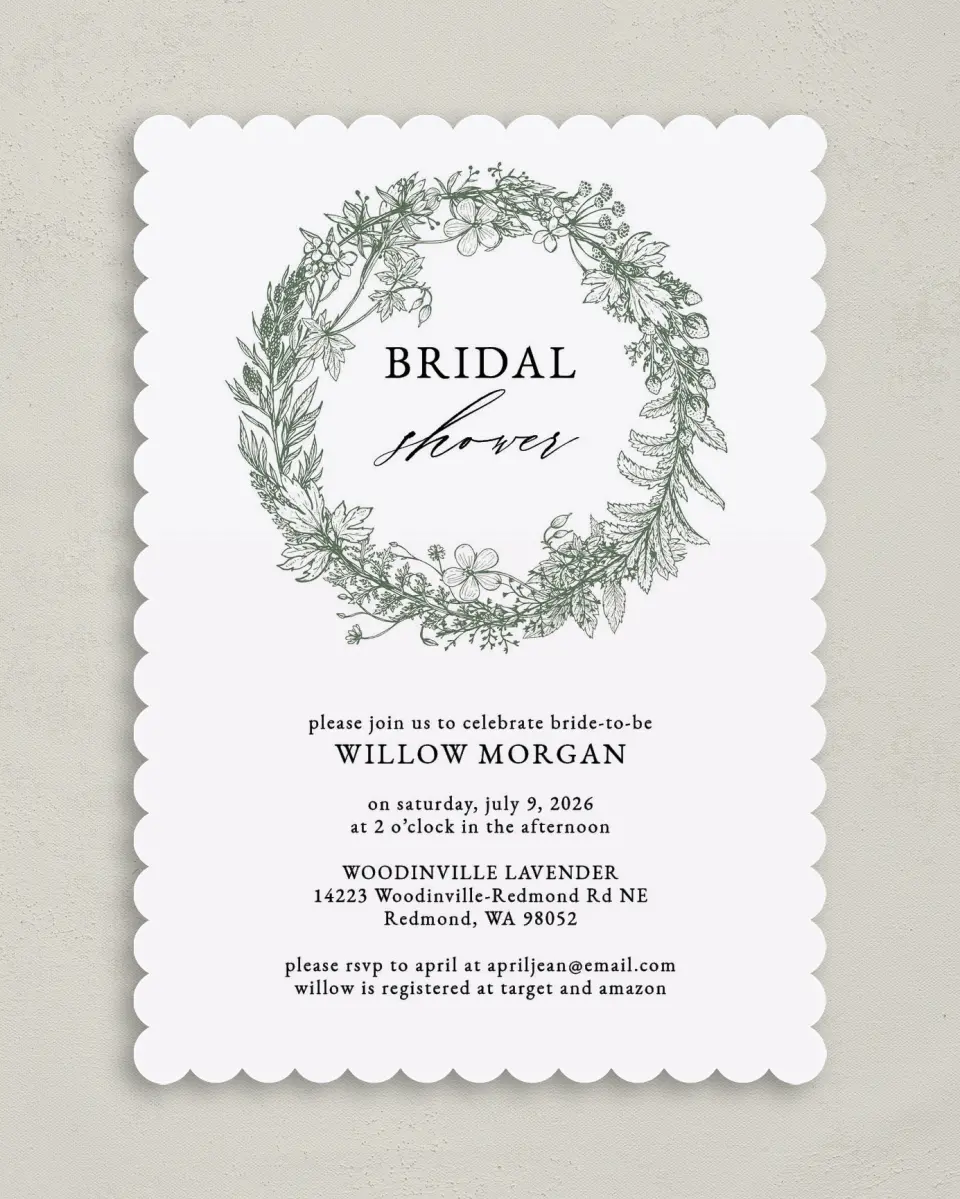 This is a 5" x 7" Bridal Shower Invitation called Budding Wreath printed in full color on Premium Smooth paper