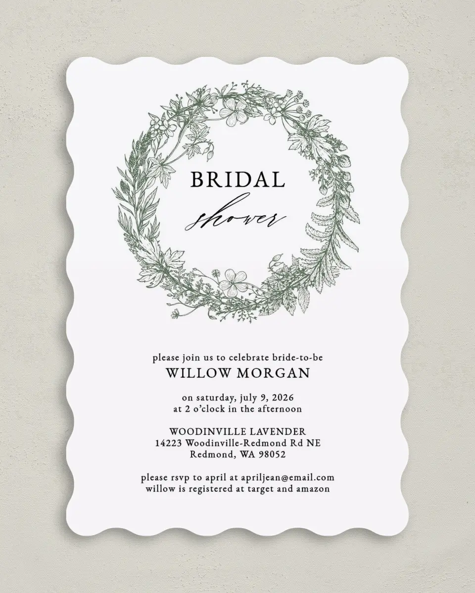 This is a 5" x 7" Bridal Shower Invitation called Budding Wreath printed in full color with Rose Gold foil on Luxe Satin (coated) paper