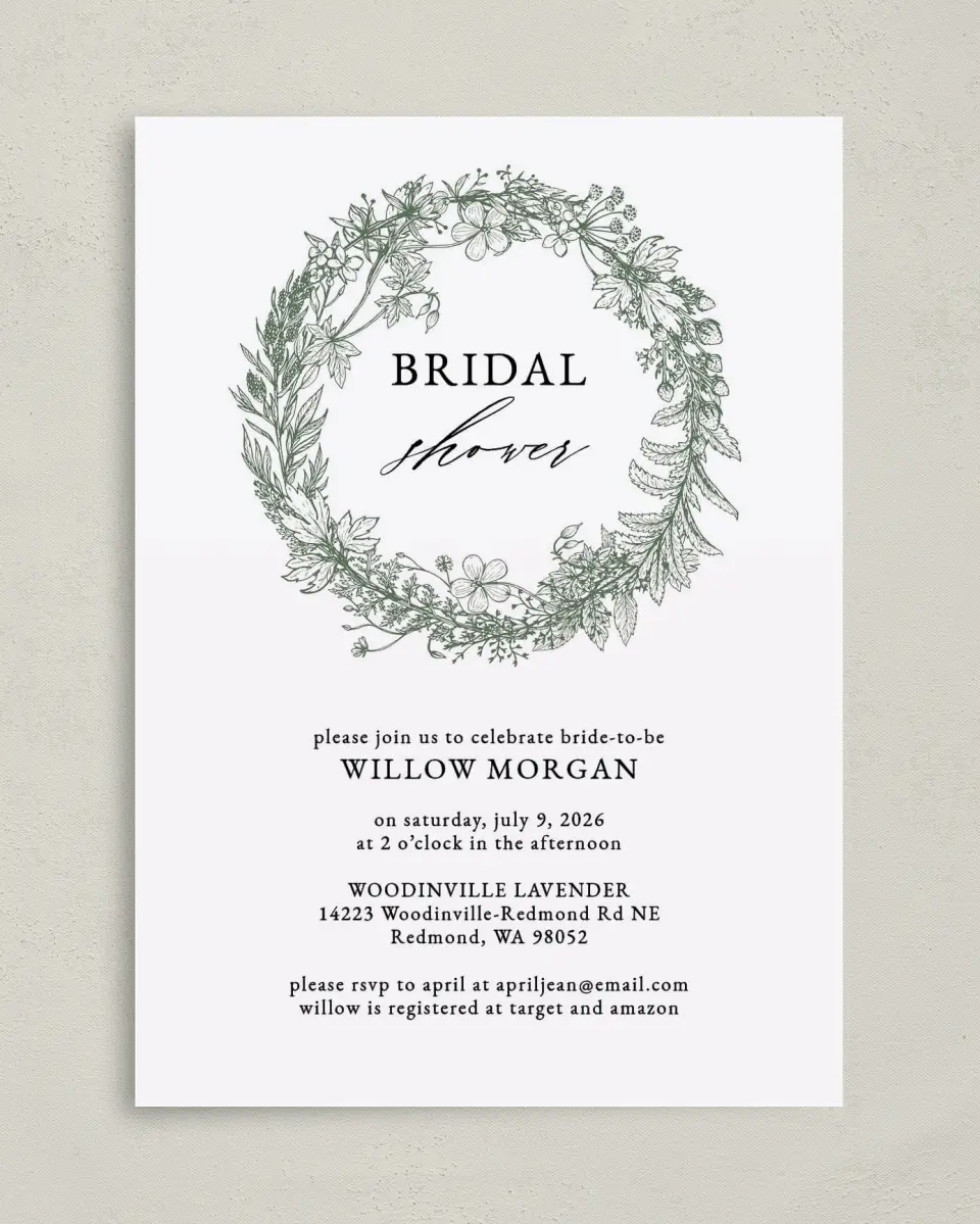 This is a 5" x 7" Bridal Shower Invitation called Budding Wreath printed in full color on Premium Smooth paper