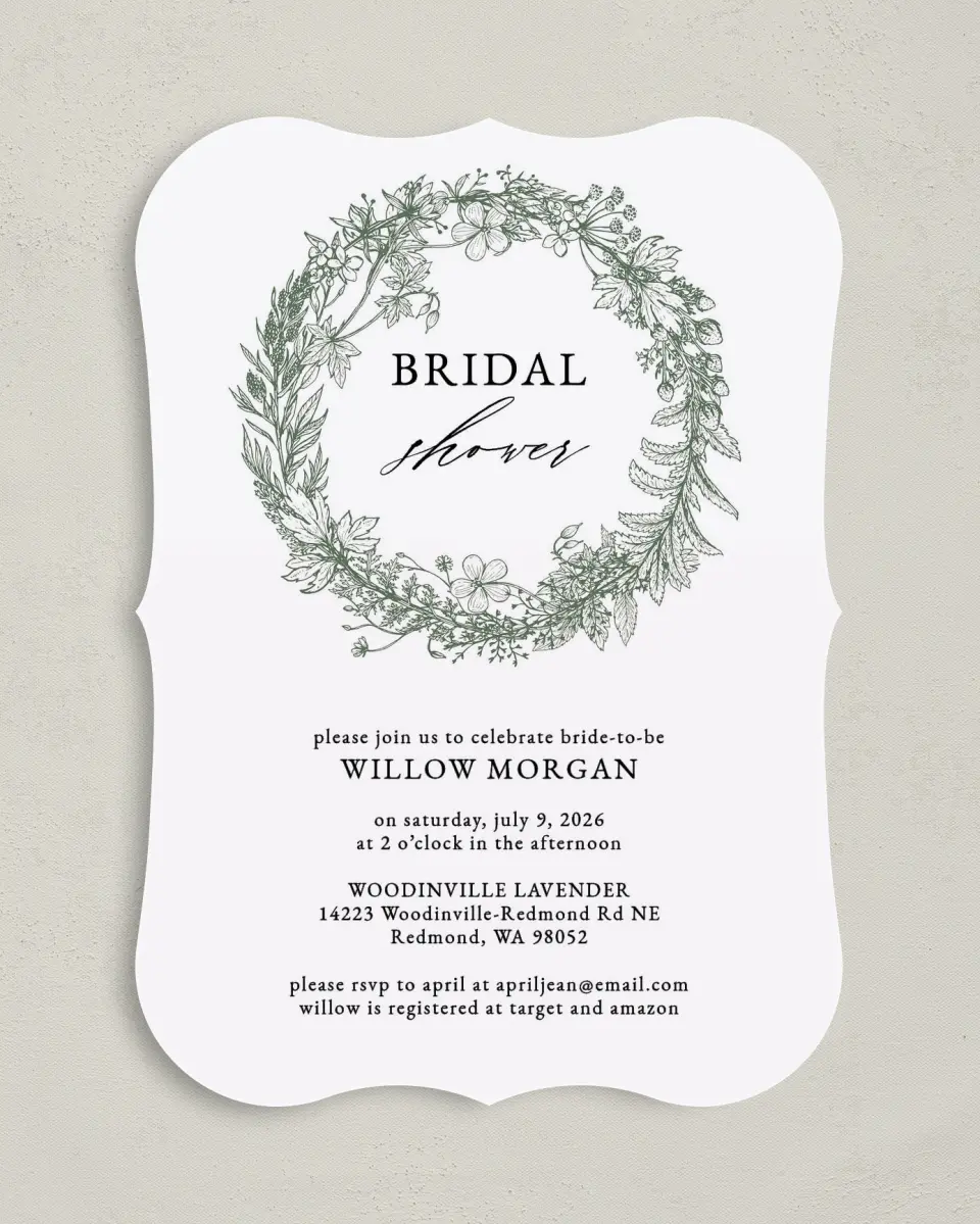 This is a 5" x 7" Bridal Shower Invitation called Budding Wreath printed in full color on Premium Smooth paper