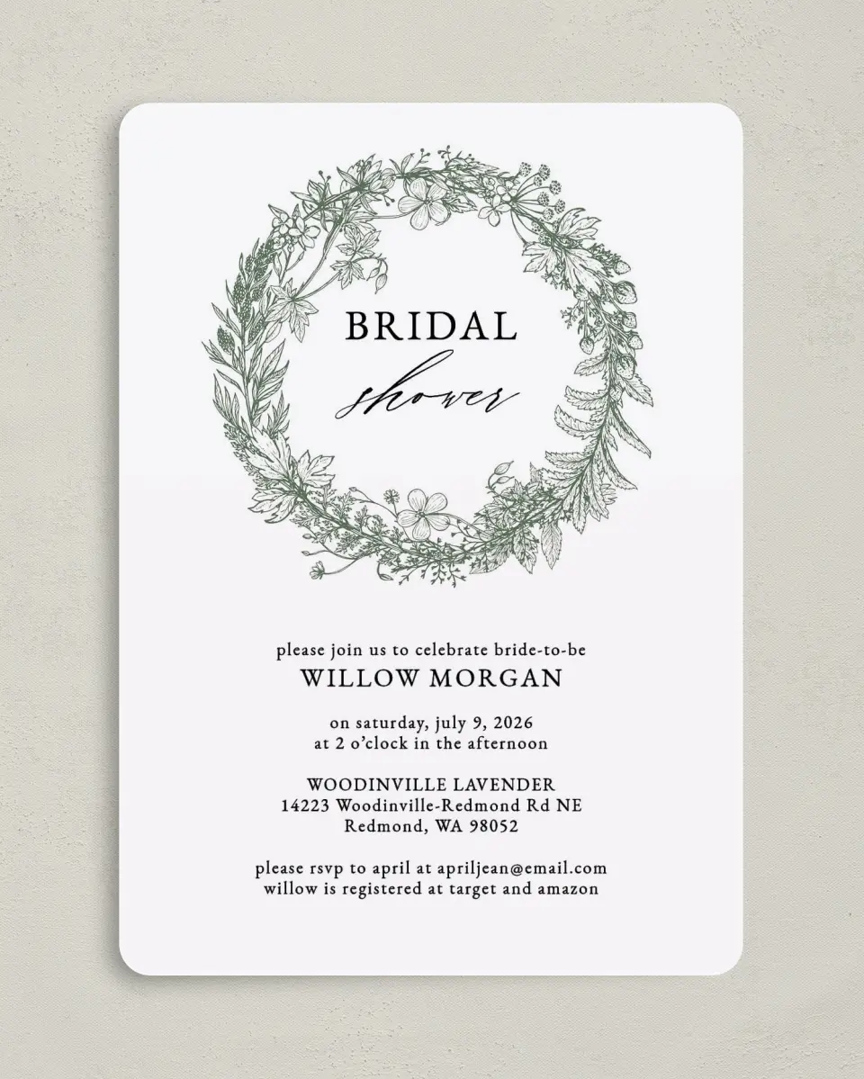 This is a 5" x 7" Bridal Shower Invitation called Budding Wreath printed in full color on Premium Smooth paper