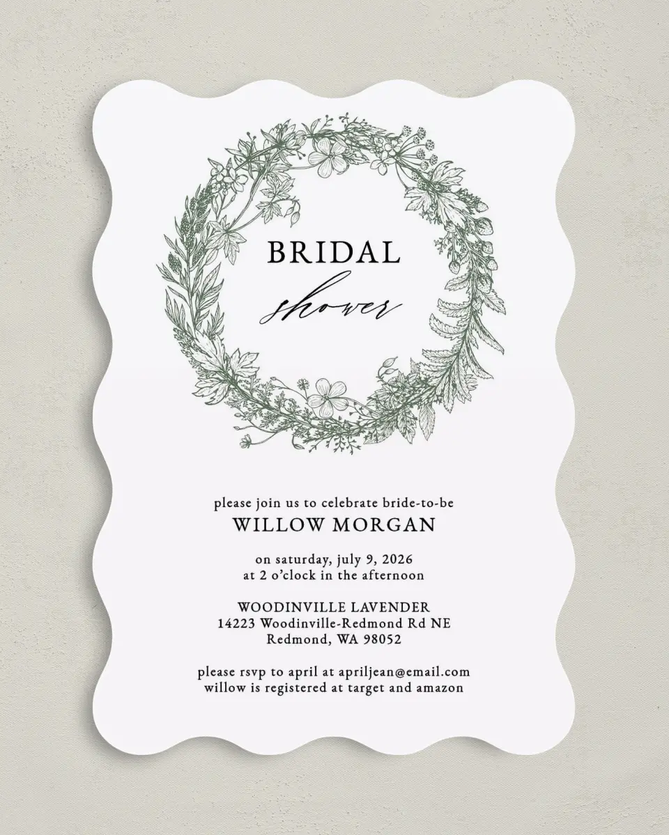 This is a 5" x 7" Bridal Shower Invitation called Budding Wreath printed in full color on Premium Smooth paper