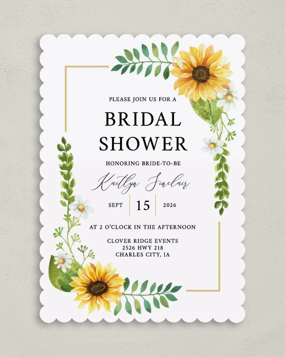 This is a 5" x 7" Bridal Shower Invitation called Sunflower Shower printed in full color on Premium Smooth paper