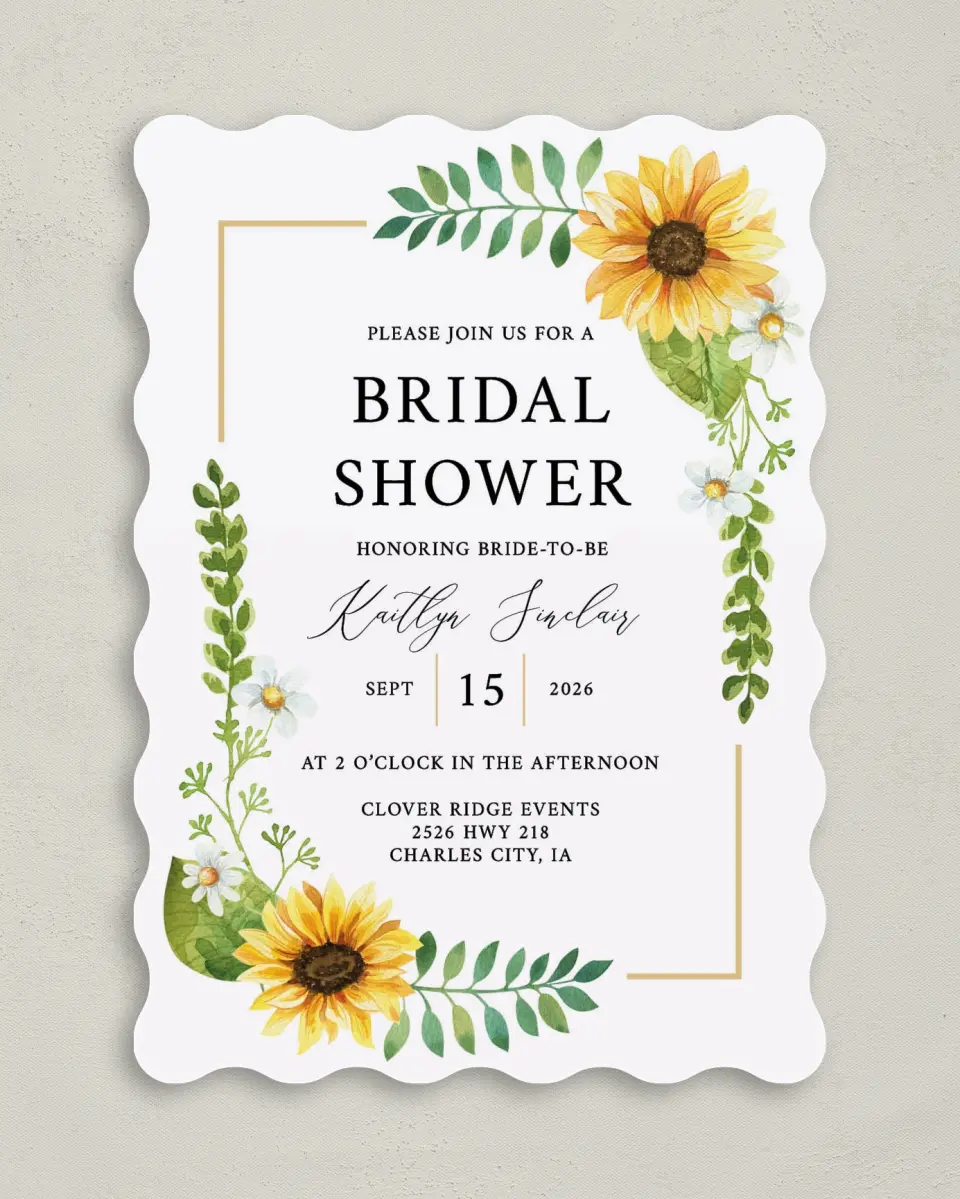 This is a 5" x 7" Bridal Shower Invitation called Sunflower Shower printed in full color with Rose Gold foil on Luxe Satin (coated) paper