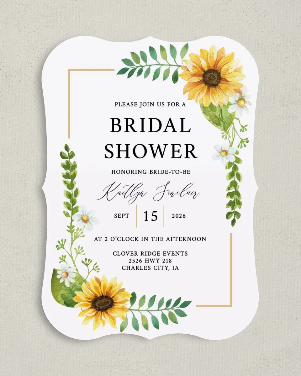 This is a 5" x 7" Bridal Shower Invitation called Sunflower Shower printed in full color with Rose Gold foil on Luxe Satin (coated) paper