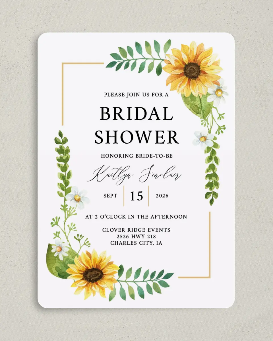 This is a 5" x 7" Bridal Shower Invitation called Sunflower Shower printed in full color on Premium Smooth paper