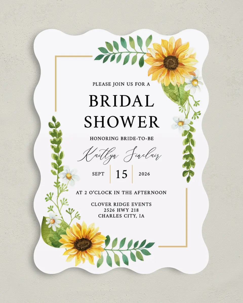 This is a 5" x 7" Bridal Shower Invitation called Sunflower Shower printed in full color on Premium Smooth paper