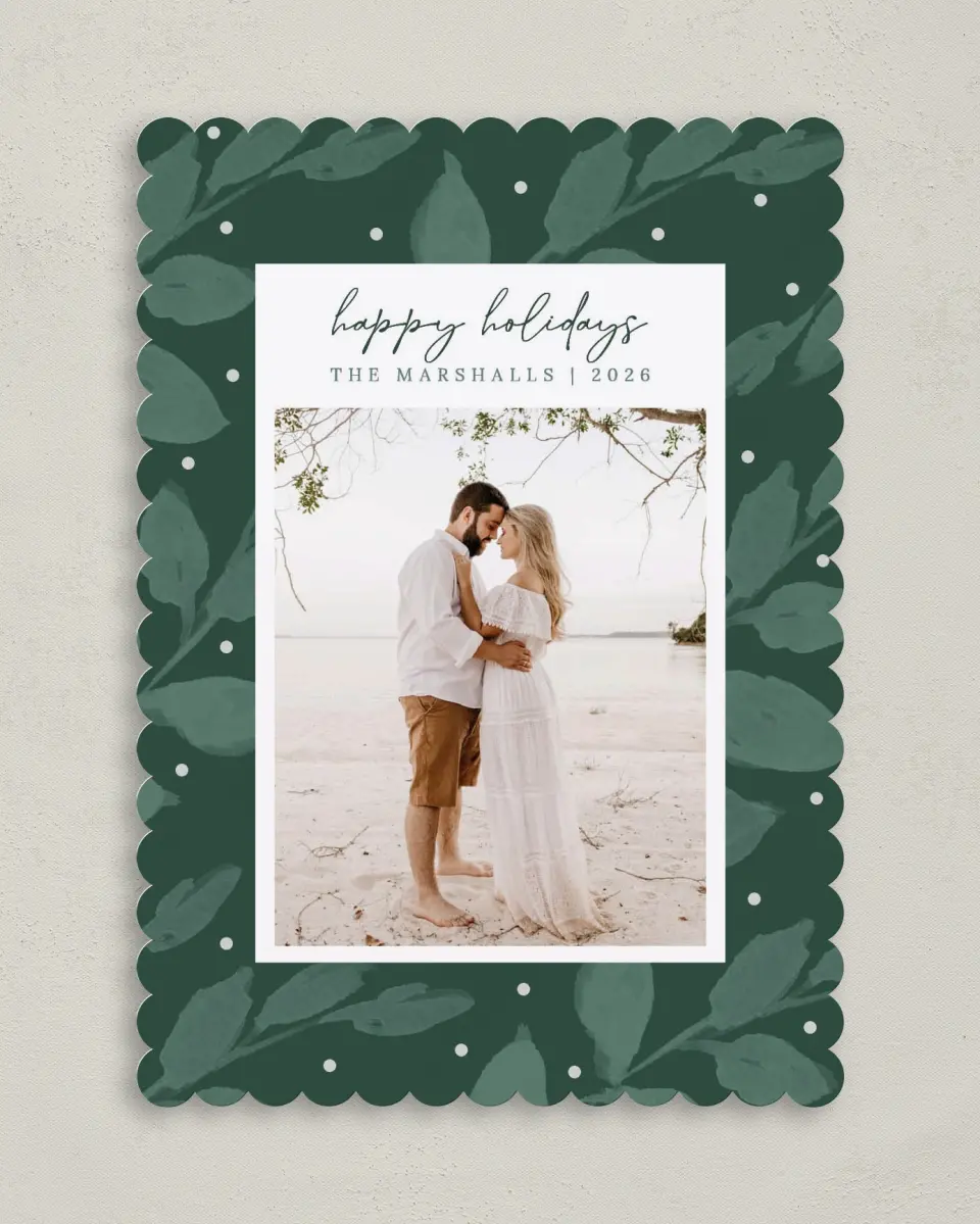 This is a 5" x 7" Christmas Card called Holiday Greenery printed in full color on Premium Smooth paper on Premium Smooth paper on Premium Smooth paper