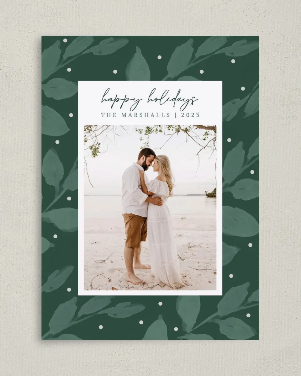 This is a 5" x 7" Christmas Card called Holiday Greenery printed in full color on Premium Smooth paper