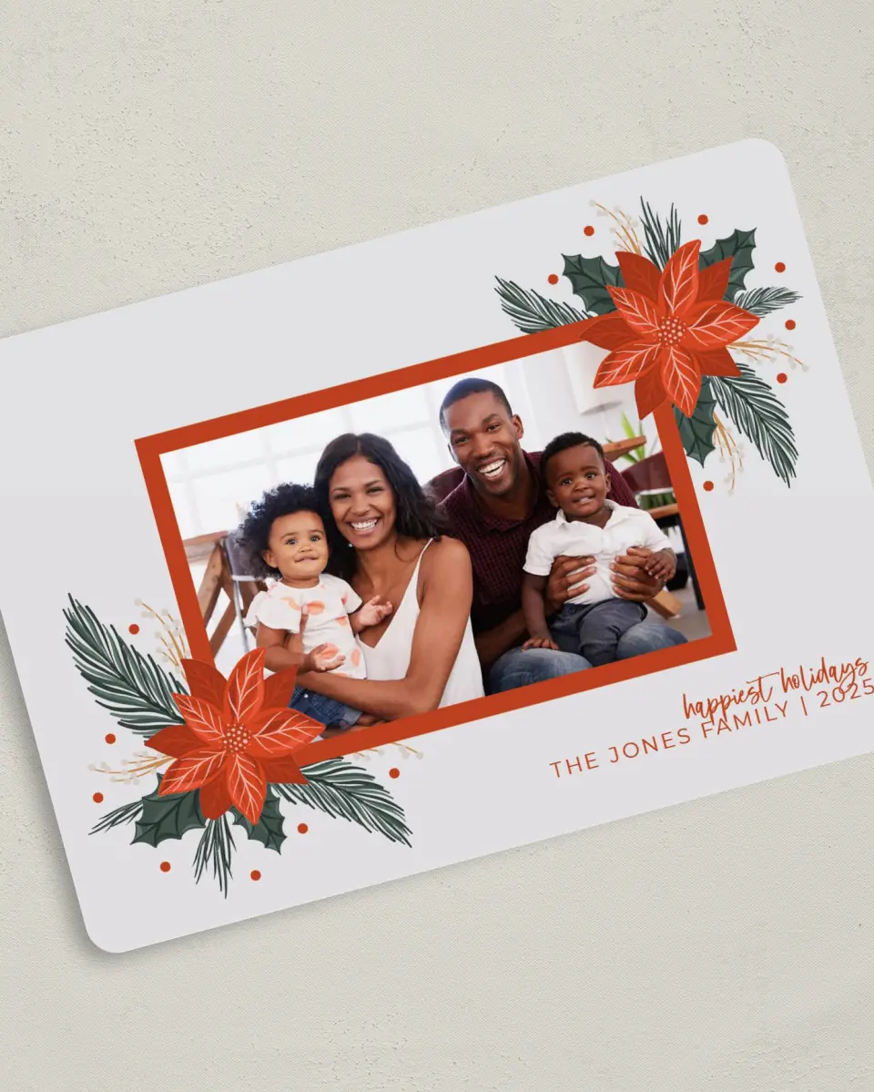 This is a 5" x 7" Christmas Card called Poinsettia Greetings printed in full color on Premium Smooth paper