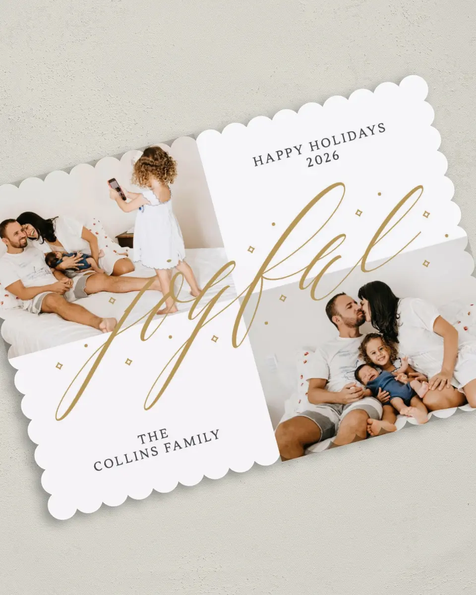 This is a 5" x 7" Christmas Card called Joyful Script printed in full color on Premium Smooth paper on Premium Smooth paper on Premium Smooth paper