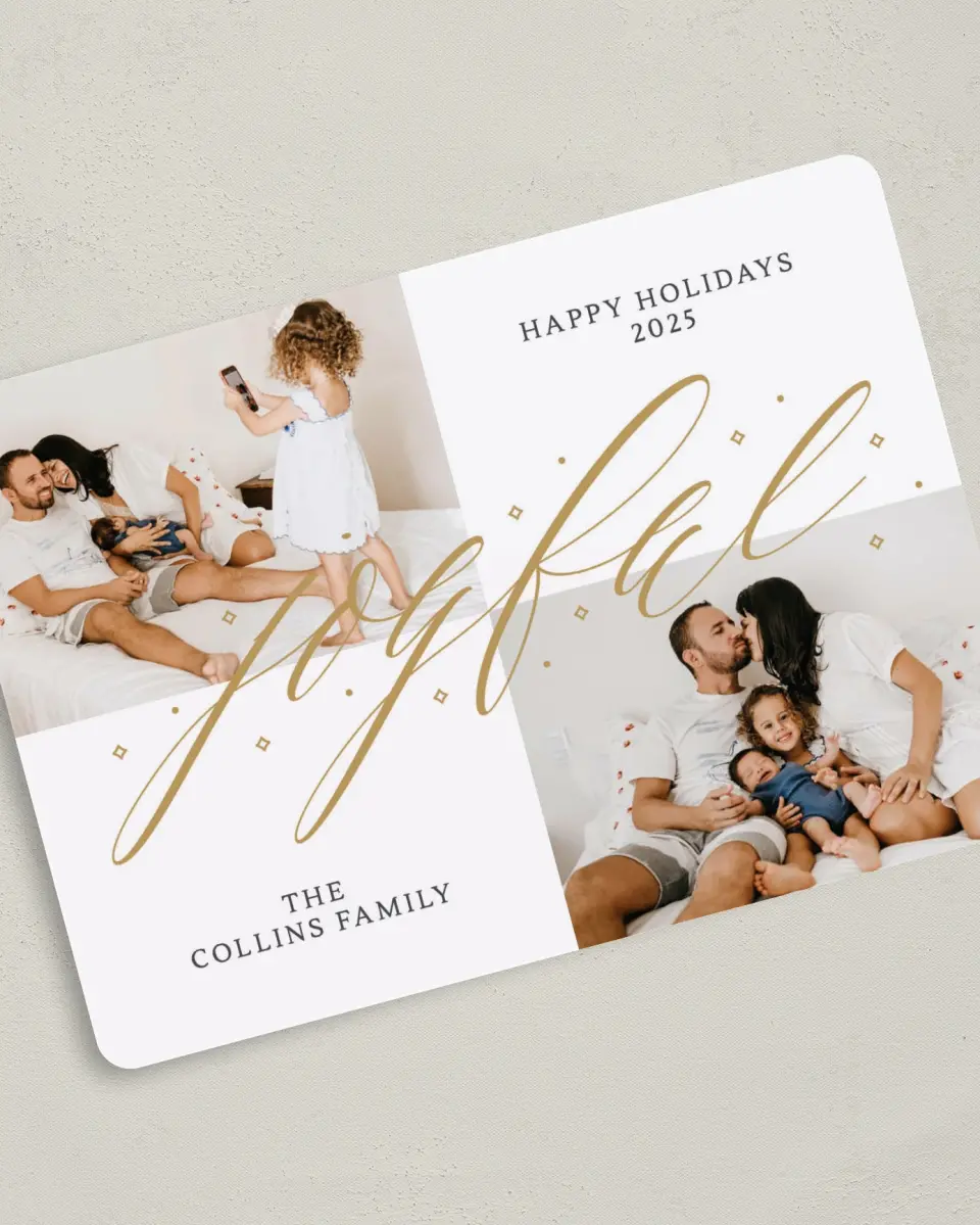 This is a 5" x 7" Christmas Card called Joyful Script printed in full color on Premium Smooth paper