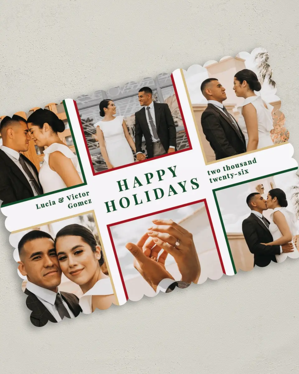 This is a 5" x 7" Christmas Card called Holiday Gallery printed in full color on Premium Smooth paper on Premium Smooth paper on Premium Smooth paper