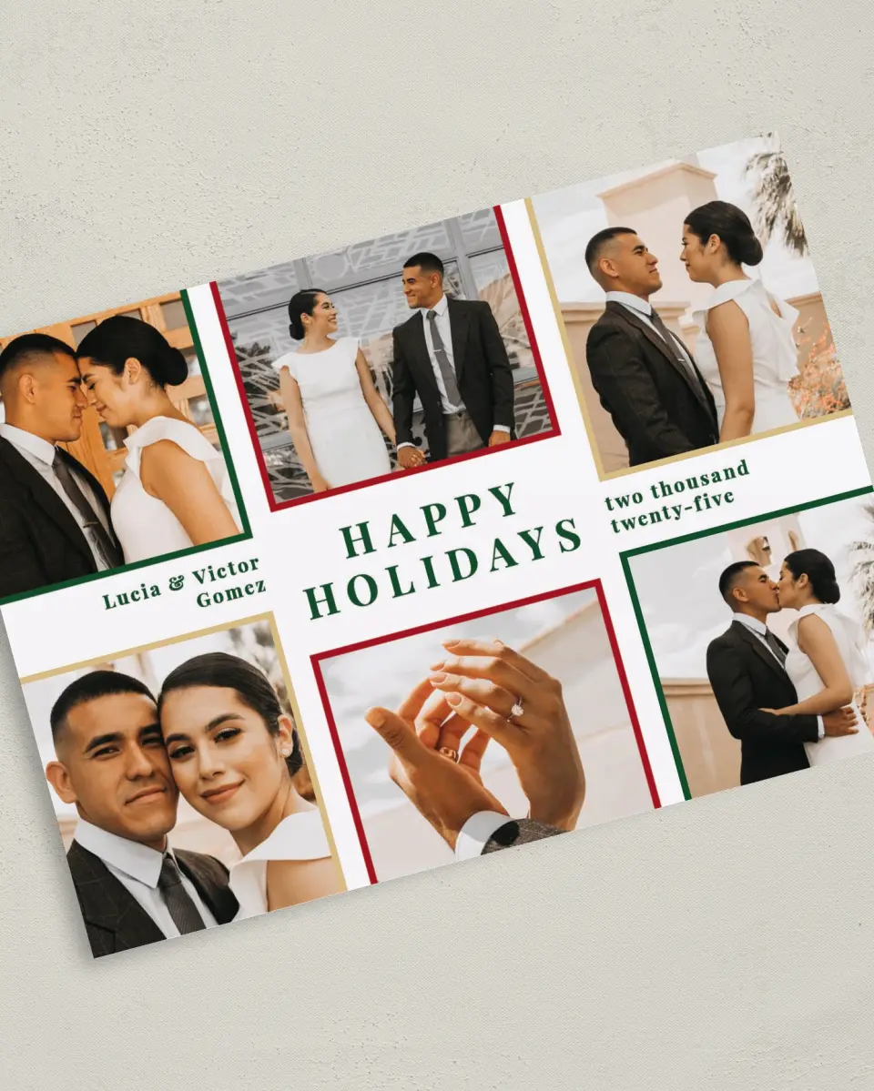 This is a 5" x 7" Christmas Card called Holiday Gallery printed in full color on Premium Smooth paper