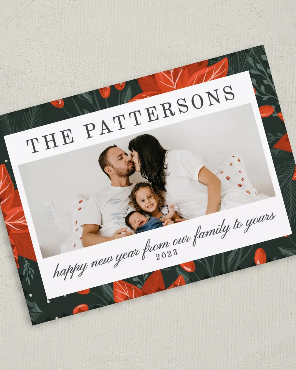 This is a 5" x 7" Christmas Card called Poinsettia Pattern printed in full color on Premium Smooth paper on Premium Smooth paper on Premium Smooth paper