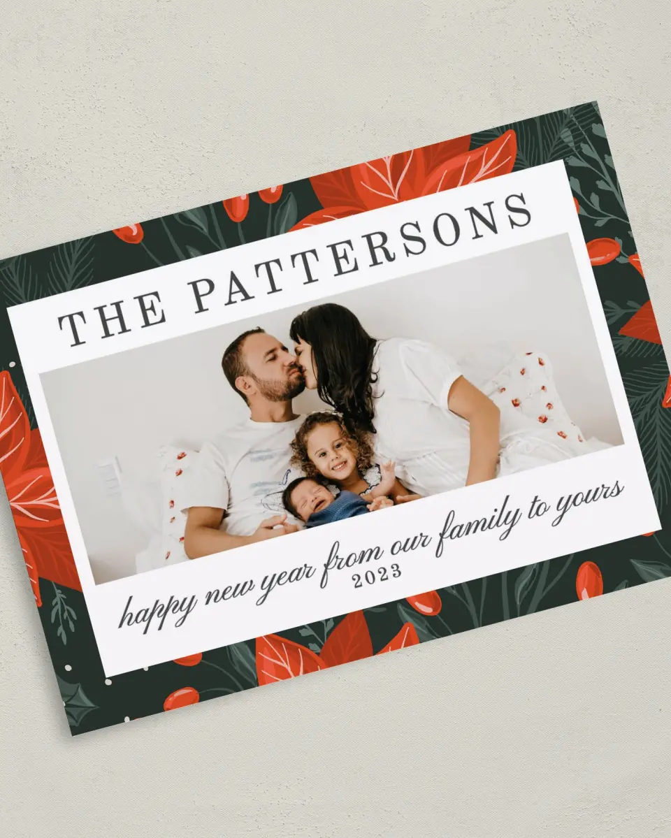 This is a 5" x 7" Christmas Card called Poinsettia Pattern printed in full color on Premium Smooth paper