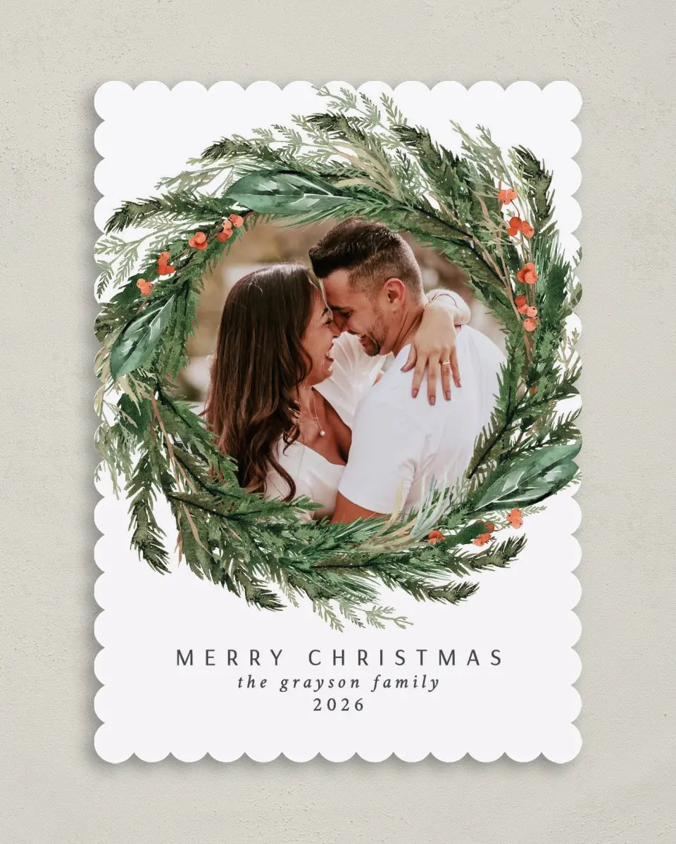 This is a 5" x 7" Christmas Card called Warm Wreath printed in full color on Premium Smooth paper on Premium Smooth paper on Premium Smooth paper