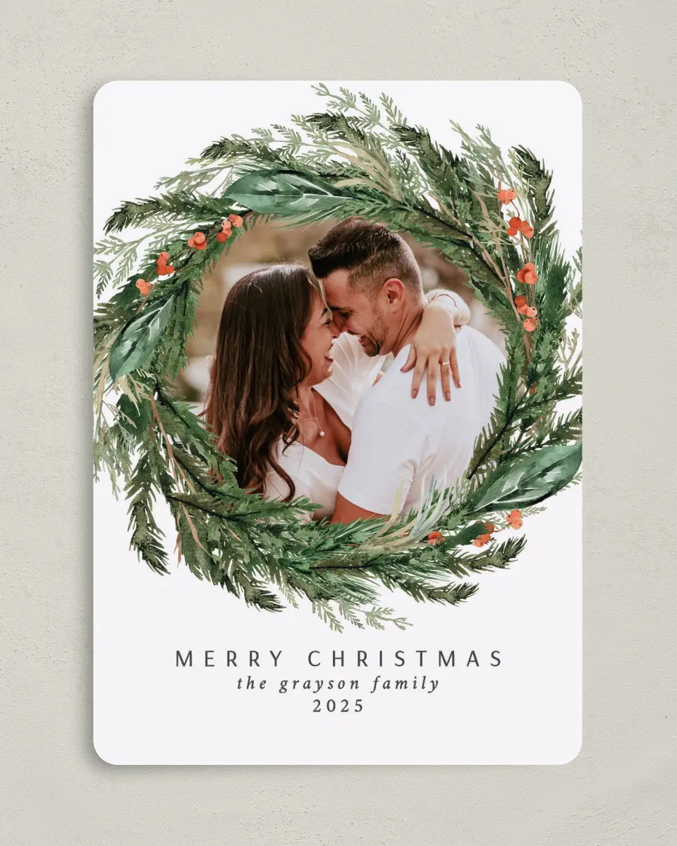 This is a 5" x 7" Christmas Card called Warm Wreath printed in full color on Premium Smooth paper