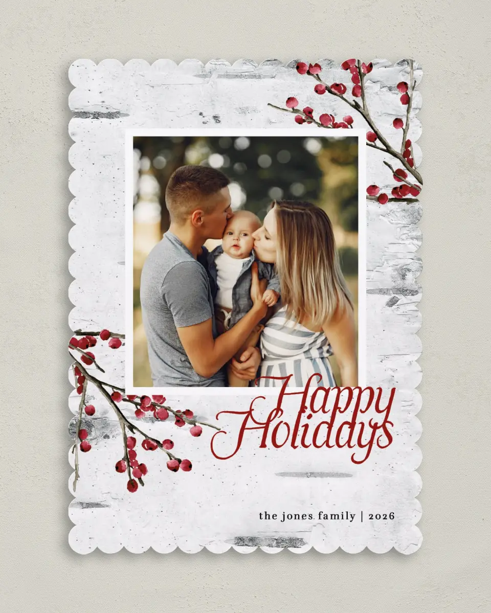 This is a 5" x 7" Christmas Card called Beloved Birch printed in full color on Premium Smooth paper on Premium Smooth paper on Premium Smooth paper