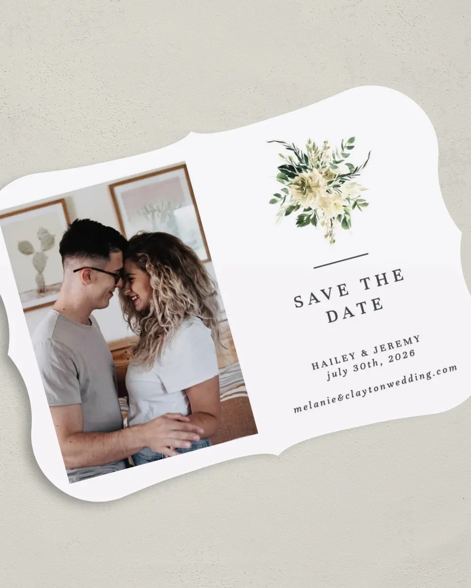 This is a 5" x 7" Save the Date Card called Honest Bouquet printed in full color on Premium Smooth paper