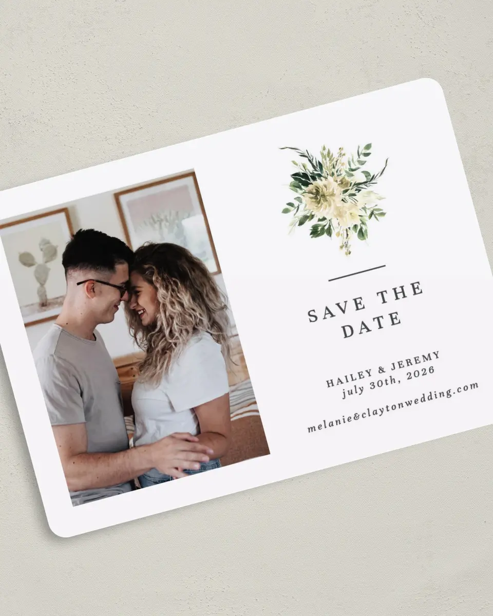 This is a 5" x 7" Save the Date Card called Honest Bouquet printed in full color on Premium Smooth paper