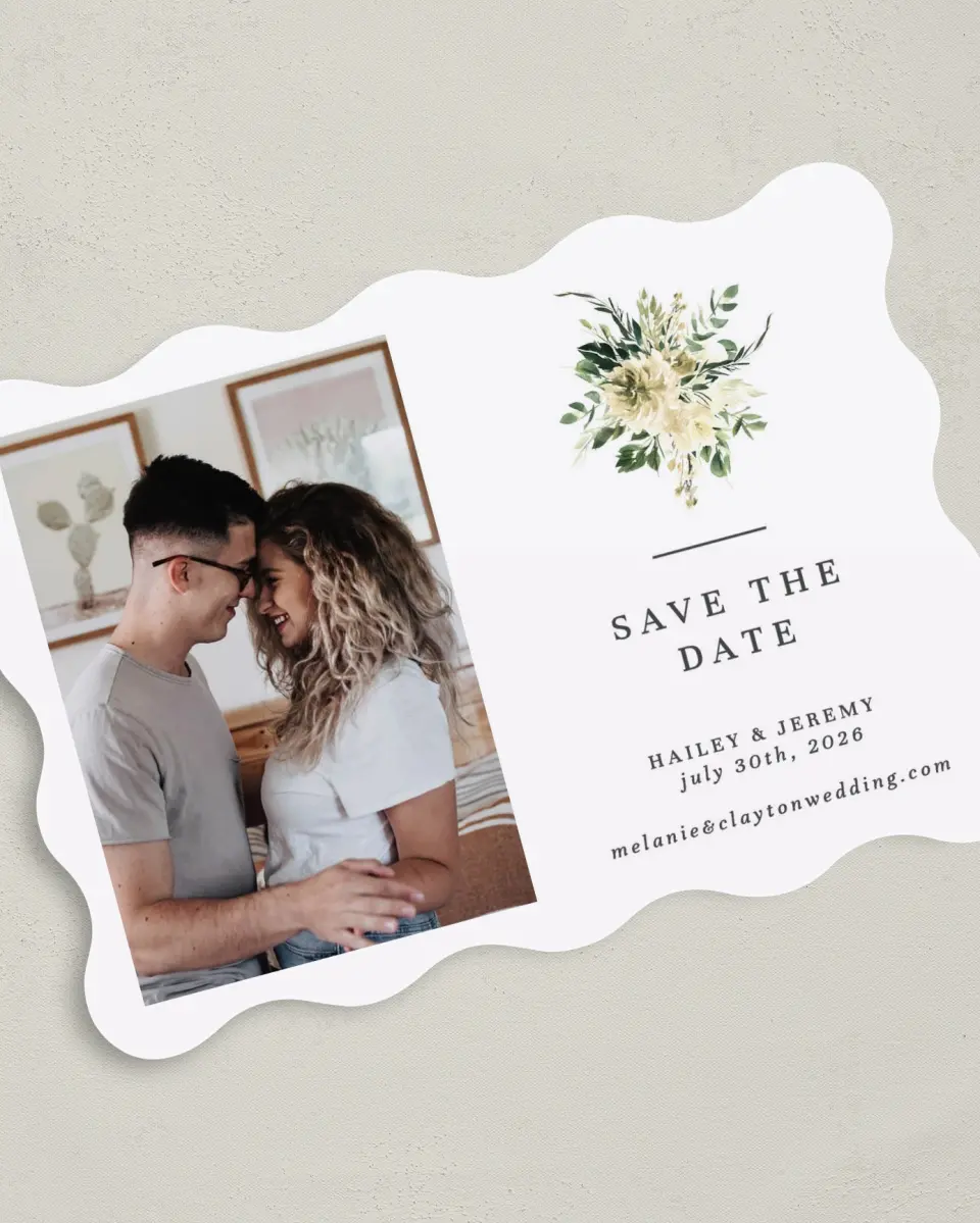 This is a 5" x 7" Save the Date Card called Honest Bouquet printed in full color on Premium Smooth paper