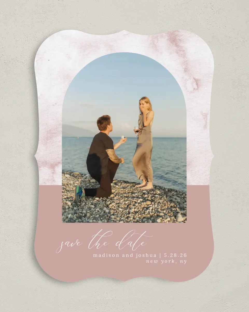 This is a 5" x 7" Save the Date Card called Gentle Touch printed in full color on Premium Smooth paper