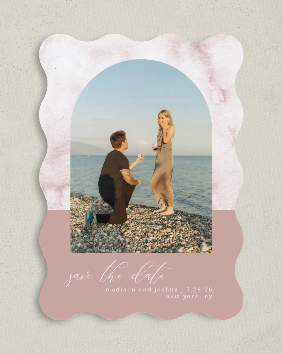 This is a 5" x 7" Save the Date Card called Gentle Touch printed in full color on Premium Smooth paper