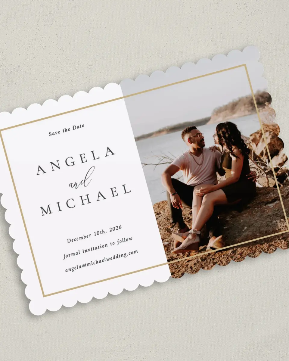 This is a 5" x 7" Save the Date Card called Rich Structure printed in full color on Premium Smooth paper