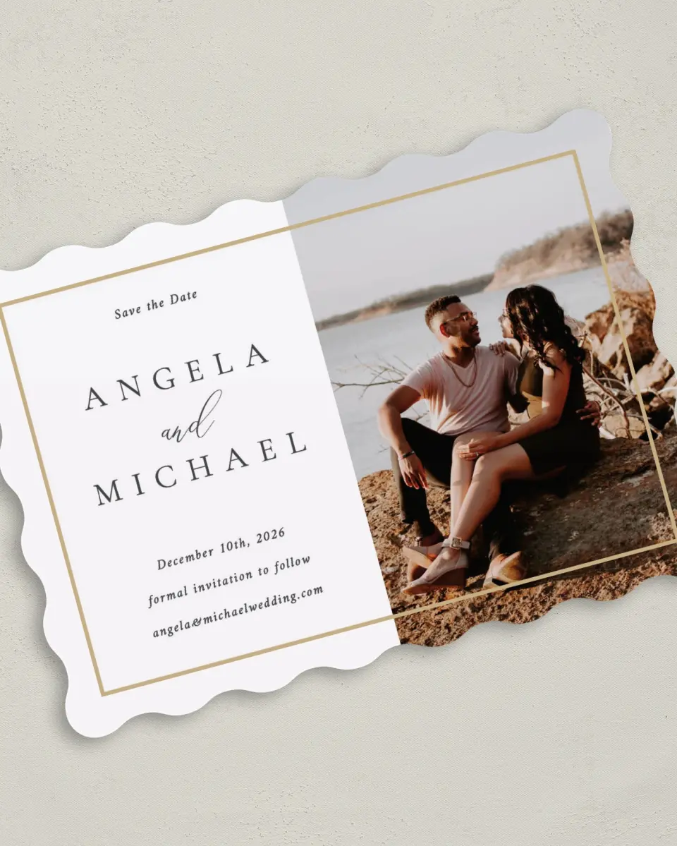 This is a 5" x 7" Save the Date Card called Rich Structure printed in full color on Premium Smooth paper