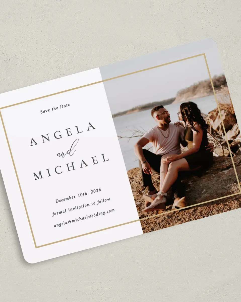 This is a 5" x 7" Save the Date Card called Rich Structure printed in full color on Premium Smooth paper