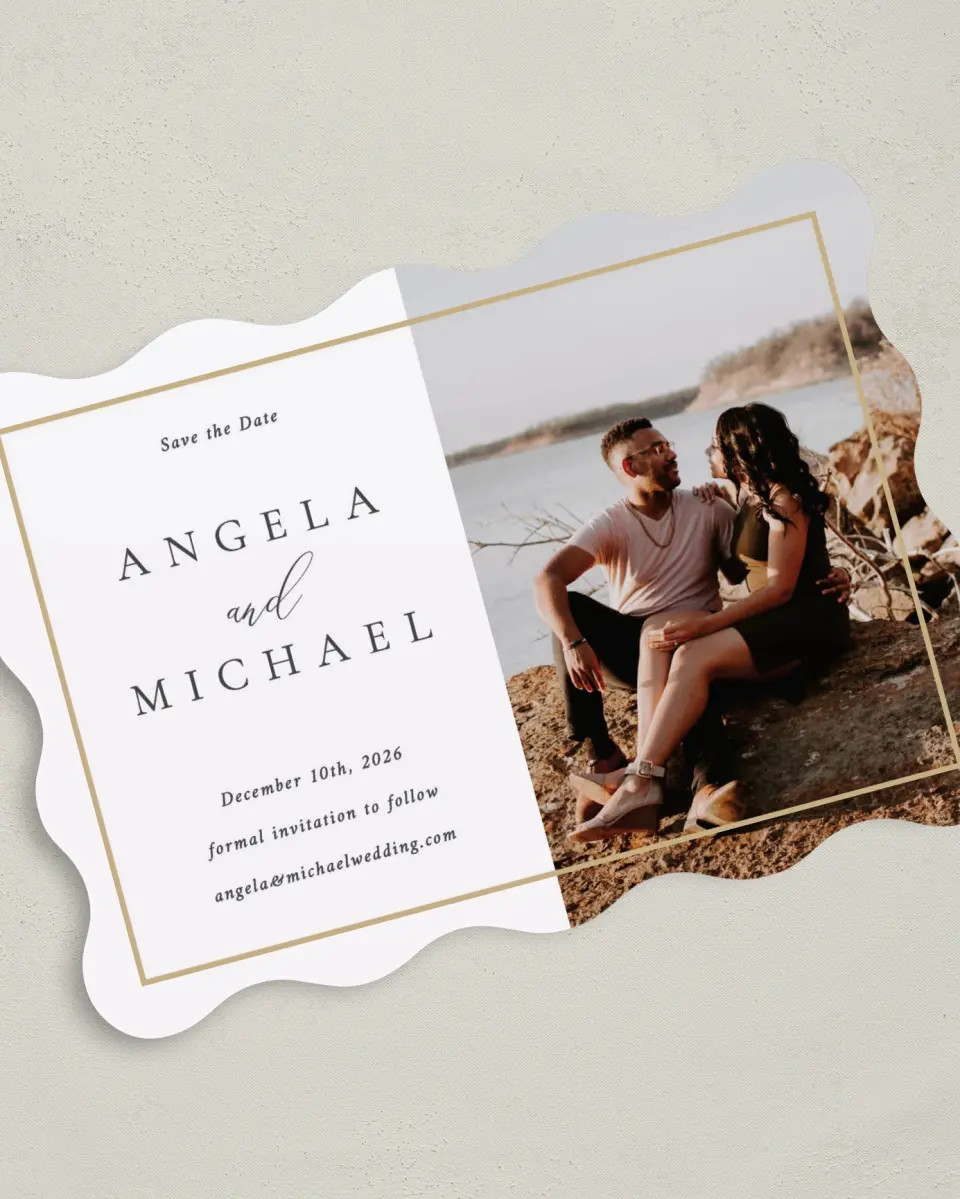 This is a 5" x 7" Save the Date Card called Rich Structure printed in full color on Premium Smooth paper