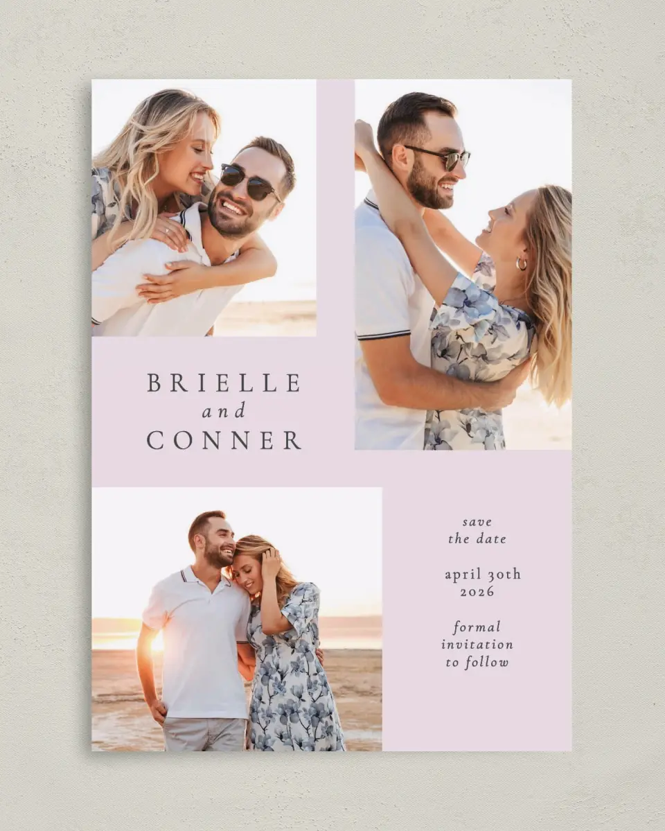 This is a 5" x 7" Save the Date Card called Modest Moment printed in full color on Premium Smooth paper