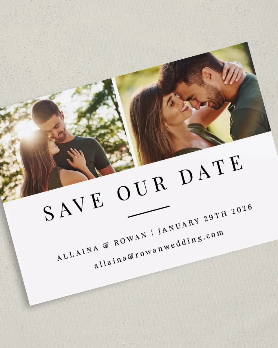 This is a 5" x 7" Save the Date Card called Pure Devotion printed in full color on Premium Smooth paper