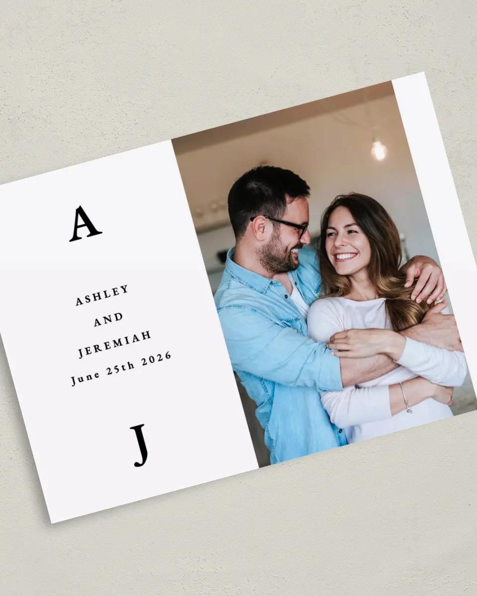 This is a 5" x 7" Save the Date Card called Simple Drama printed in full color on Premium Smooth paper