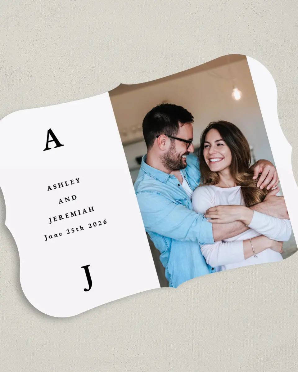 This is a 5" x 7" Save the Date Card called Simple Drama printed in full color on Premium Smooth paper
