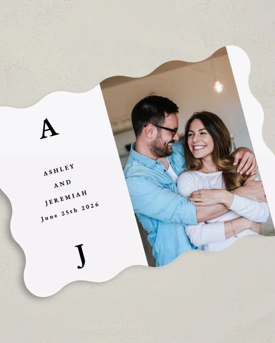 This is a 5" x 7" Save the Date Card called Simple Drama printed in full color on Premium Smooth paper