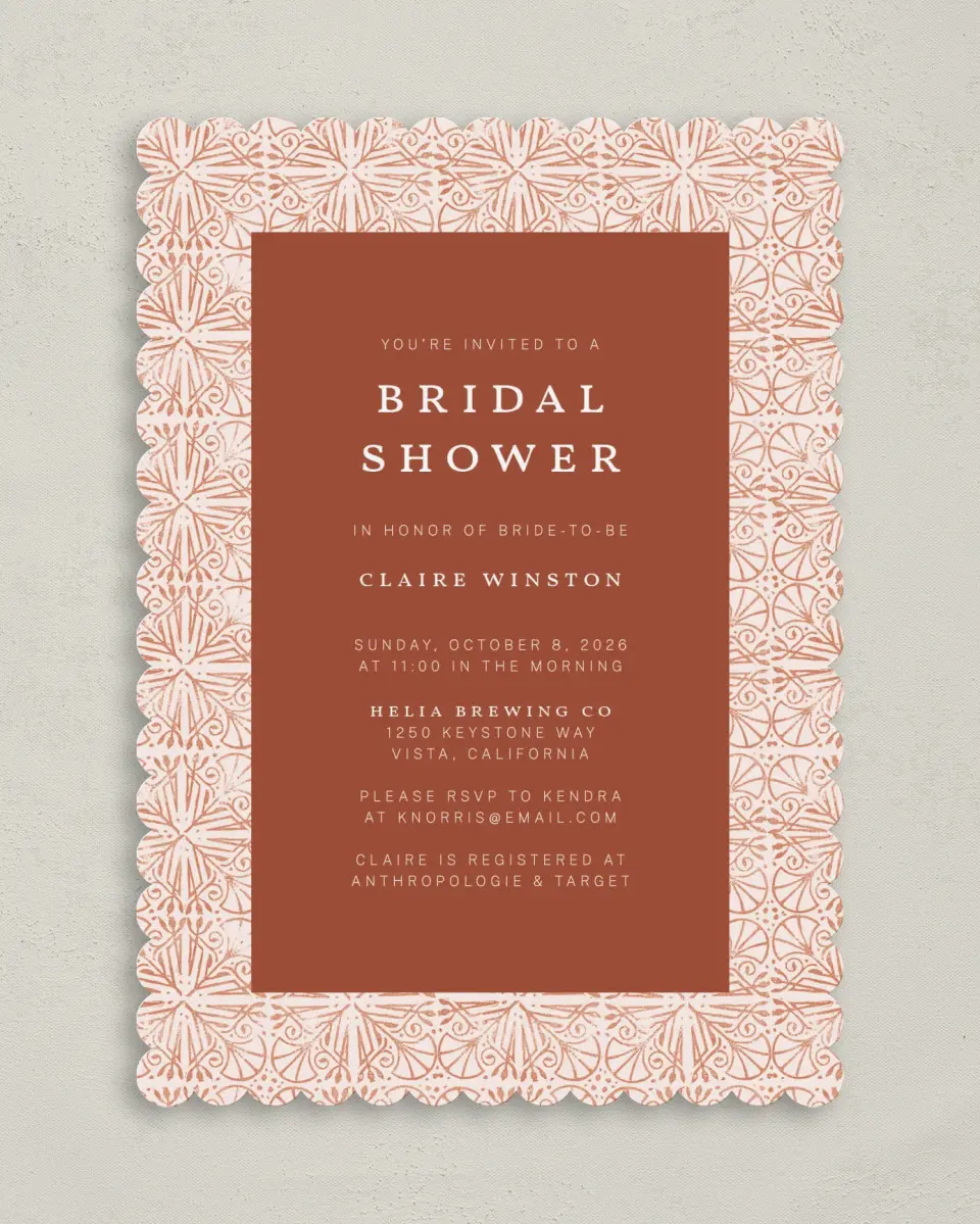 This is a 5" x 7" Bridal Shower Invitation called Stamped Shower printed in full color on Premium Smooth paper