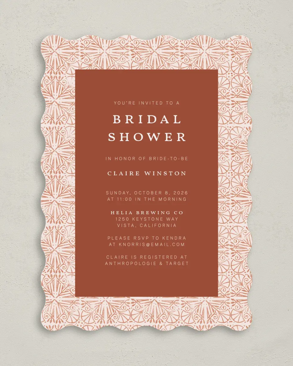This is a 5" x 7" Bridal Shower Invitation called Stamped Shower printed in full color on Premium Smooth paper