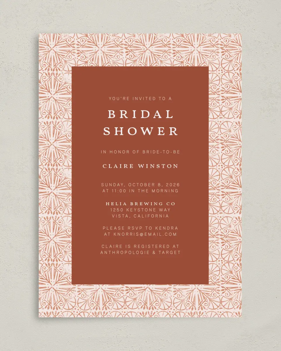 This is a 5" x 7" Bridal Shower Invitation called Stamped Shower printed in full color on Premium Smooth paper