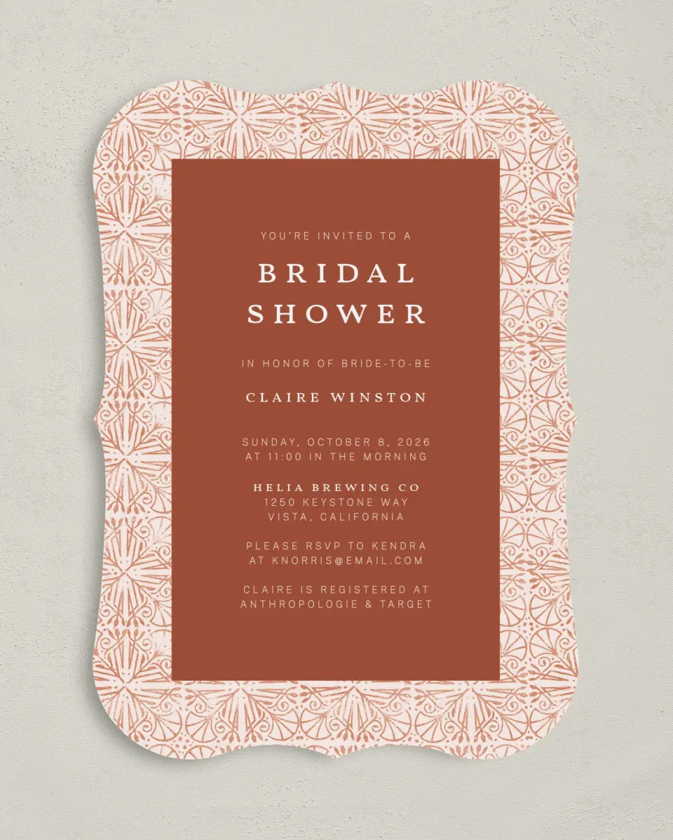 This is a 5" x 7" Bridal Shower Invitation called Stamped Shower printed in full color with Silver foil on Luxe Satin (coated) paper