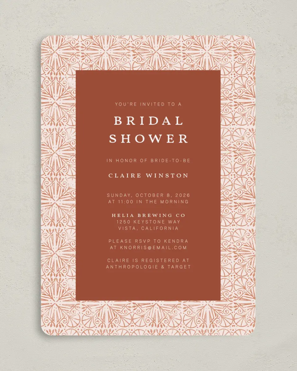 This is a 5" x 7" Bridal Shower Invitation called Stamped Shower printed in full color with Rose Gold foil on Luxe Satin (coated) paper