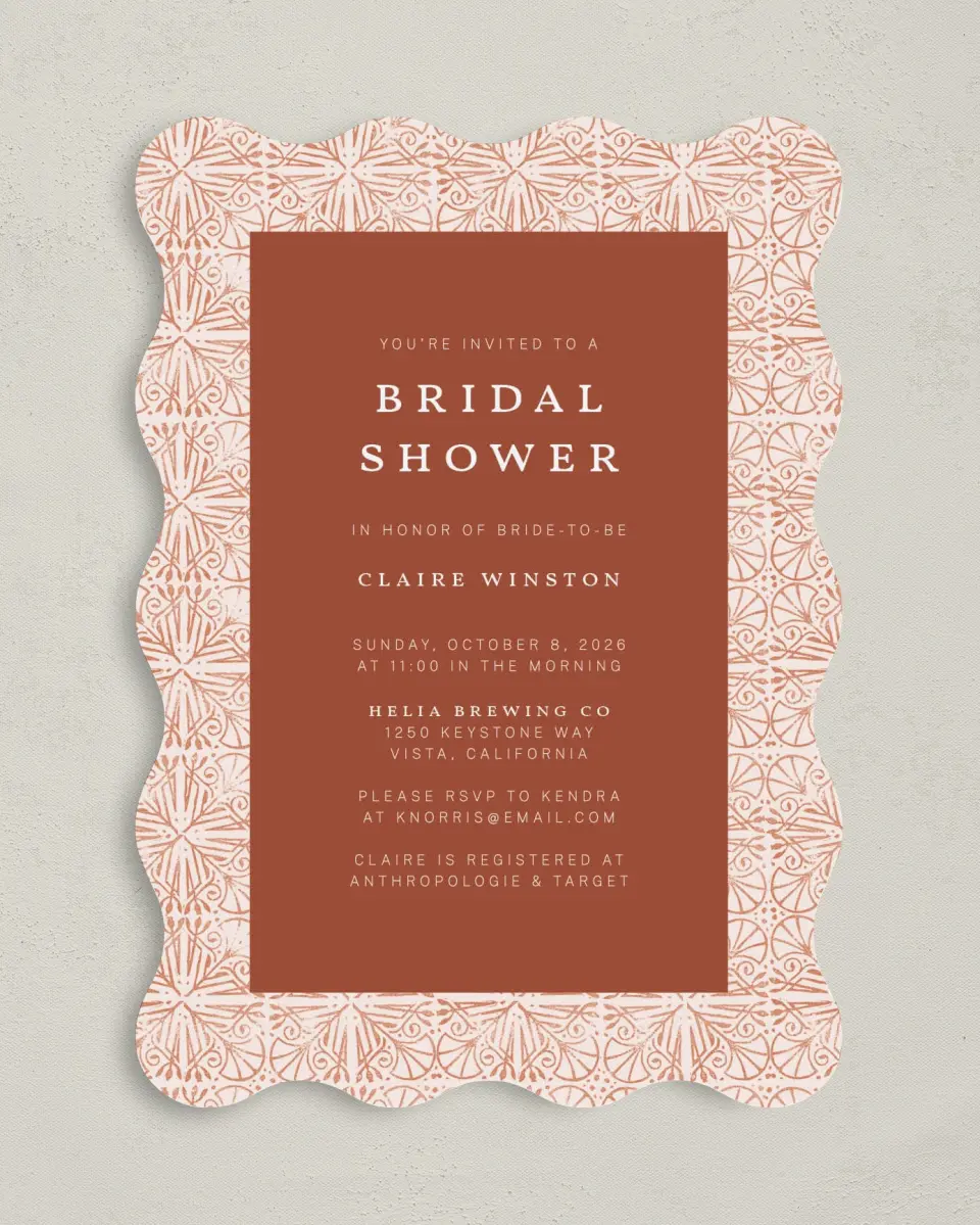 This is a 5" x 7" Bridal Shower Invitation called Stamped Shower printed in full color with Gold foil on Luxe Satin (coated) paper