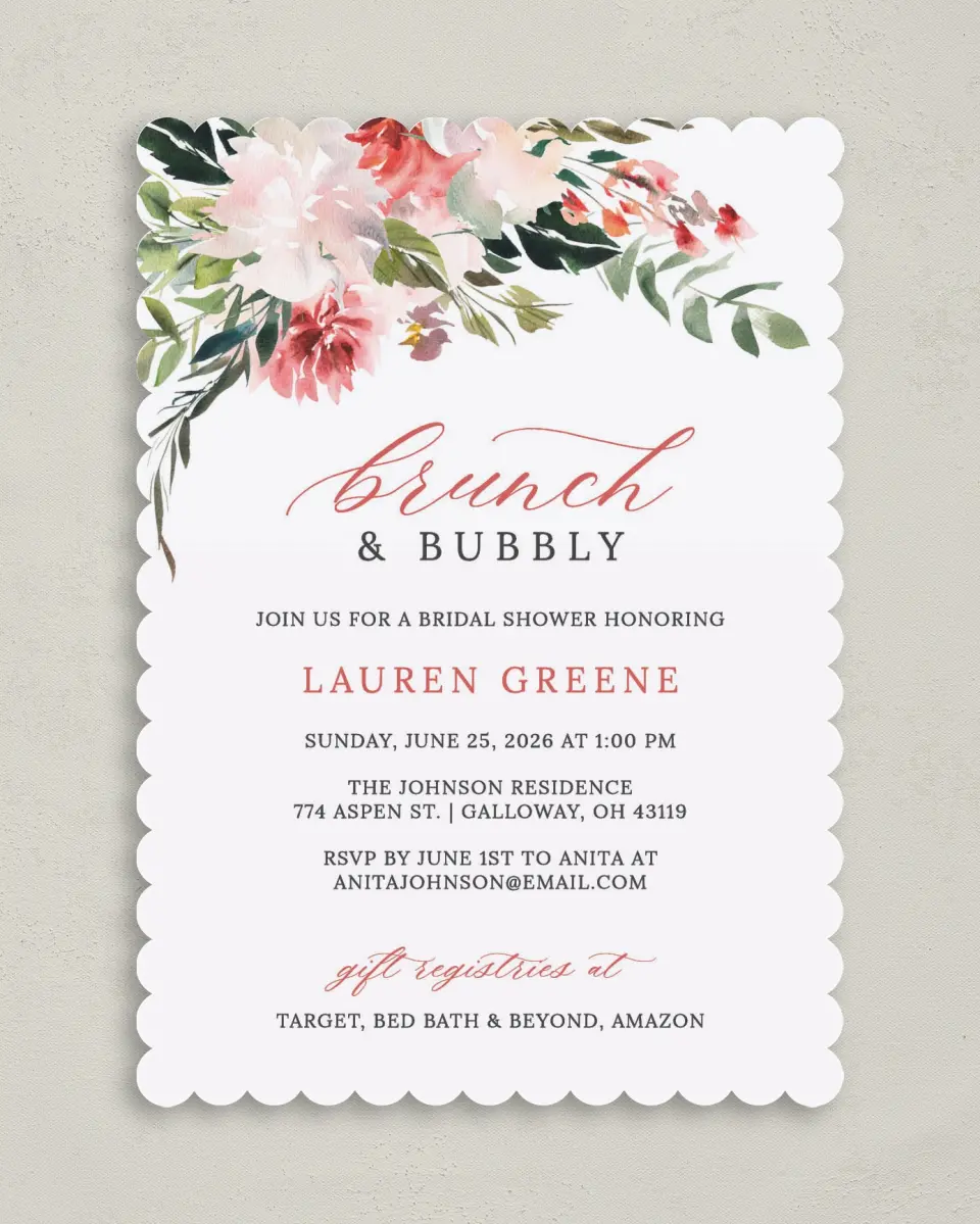 This is a 5" x 7" Bridal Shower Invitation called Blooming Brunch printed in full color on Premium Smooth paper