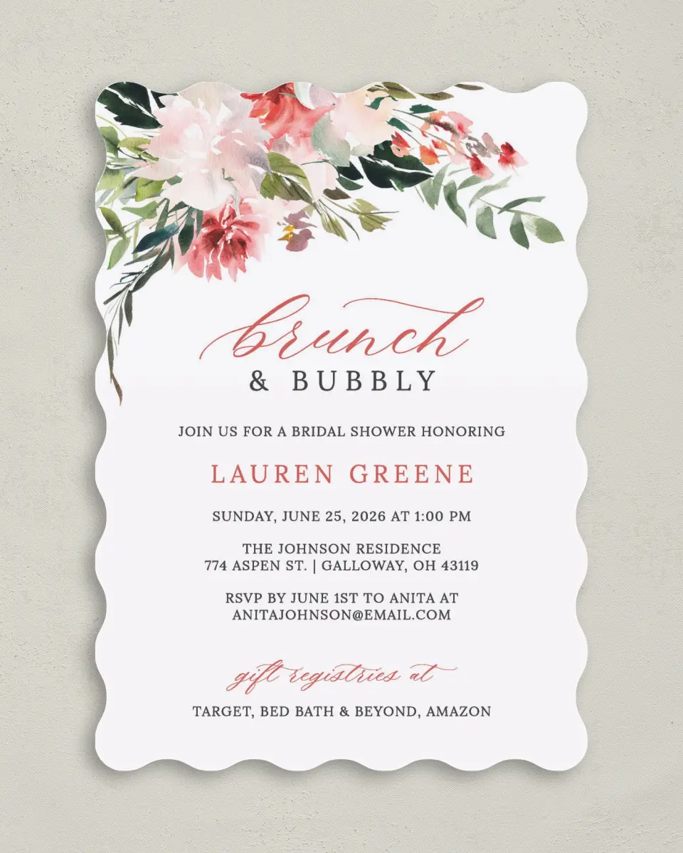 This is a 5" x 7" Bridal Shower Invitation called Blooming Brunch printed in full color with Rose Gold foil on Luxe Satin (coated) paper