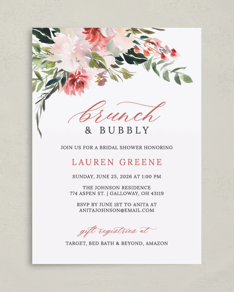 This is a 5" x 7" Bridal Shower Invitation called Blooming Brunch printed in full color with Rose Gold foil on Luxe Satin (coated) paper