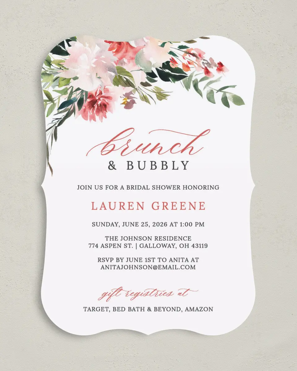This is a 5" x 7" Bridal Shower Invitation called Blooming Brunch printed in full color on Premium Smooth paper