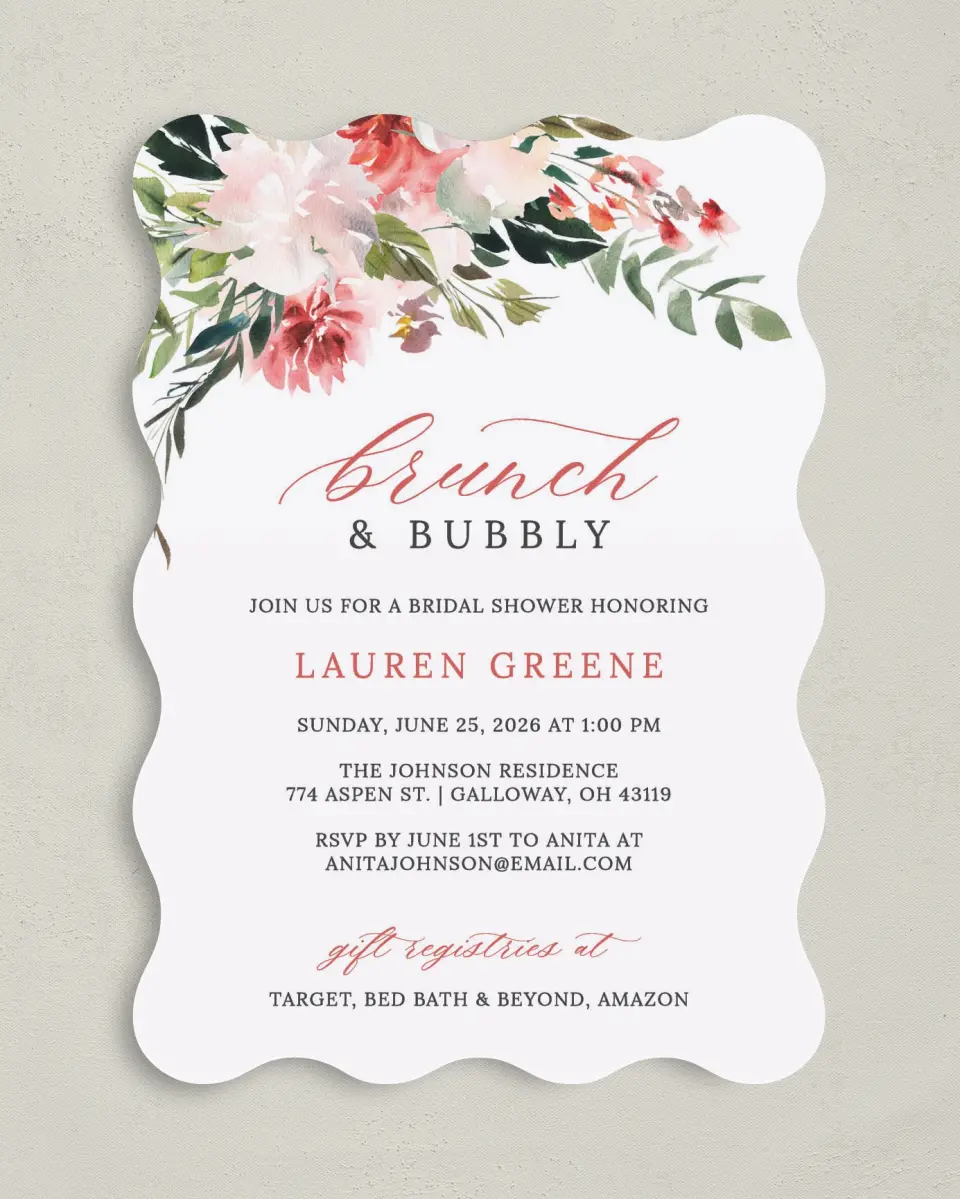This is a 5" x 7" Bridal Shower Invitation called Blooming Brunch printed in full color with Gold foil on Luxe Satin (coated) paper