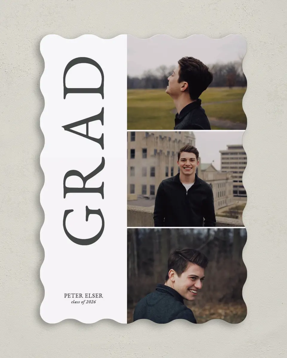 This is a 5" x 7" Graduation Announcement Card called Grand Grad printed in full color with Silver foil on Luxe Satin (coated) paper