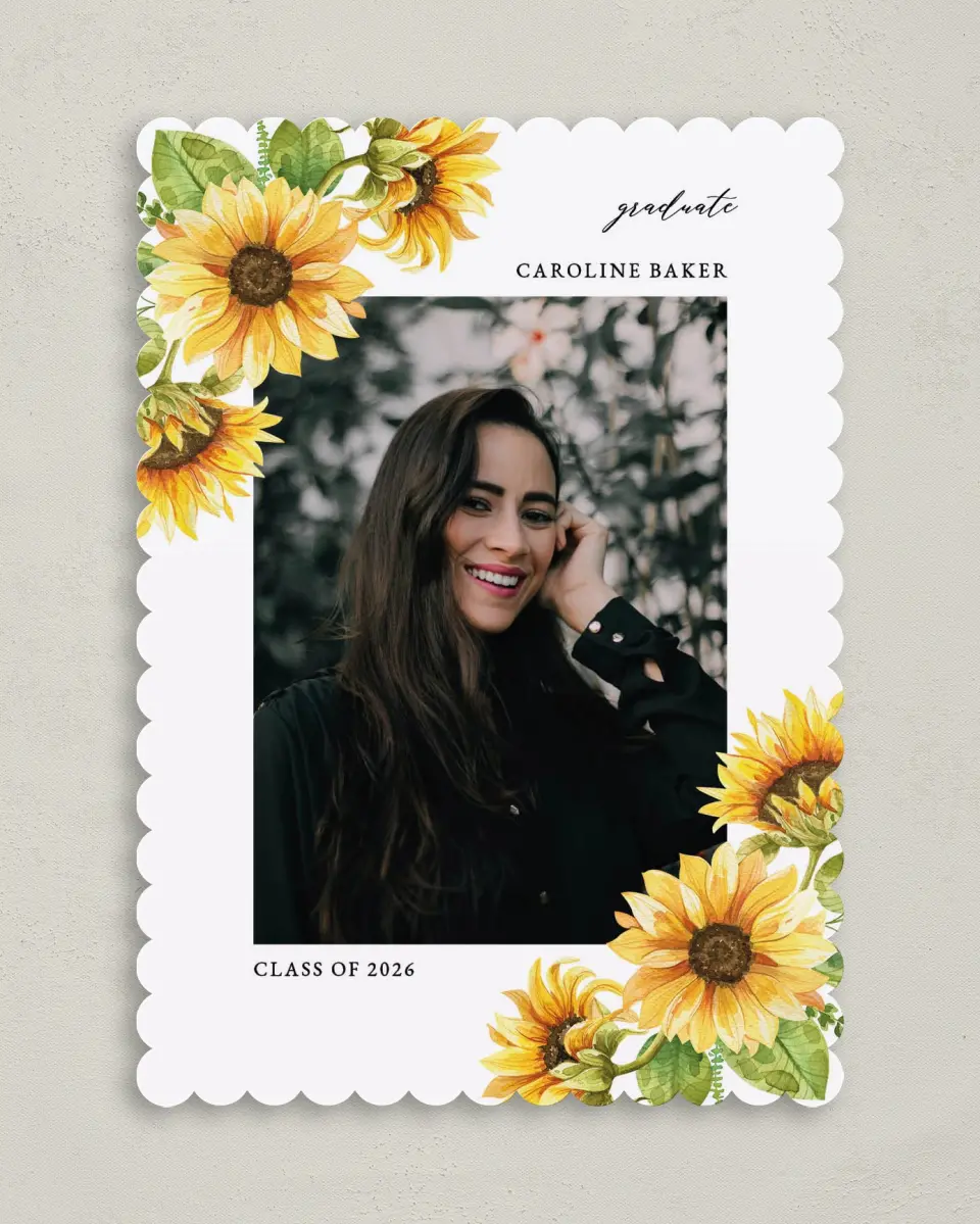 This is a 5" x 7" Graduation Announcement Card called Sunflower Student printed in full color on Premium Smooth paper